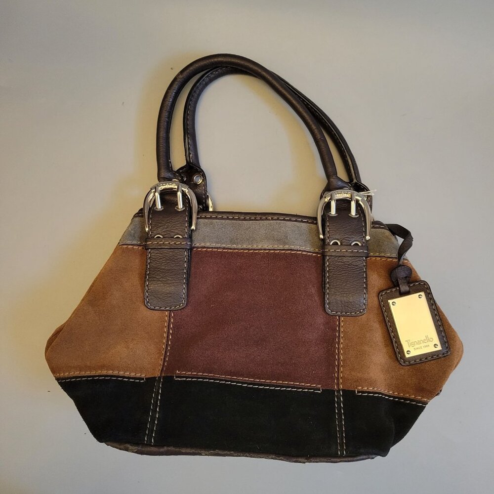 Tignanello Womens Patchwork Leather Handbag With Dual Buckle Straps & Metal Logo